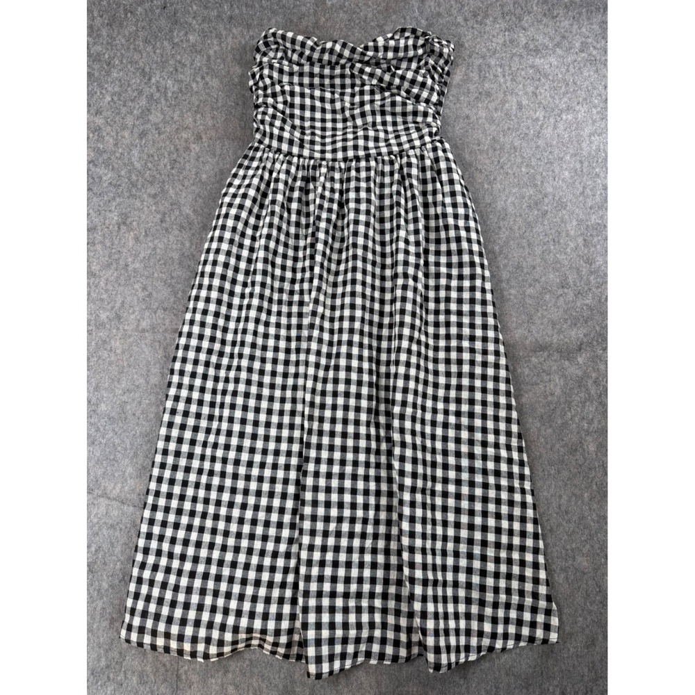 Gingham Midi Dress Womens Small Black White Strapless Smocked Boho Coastal Chic